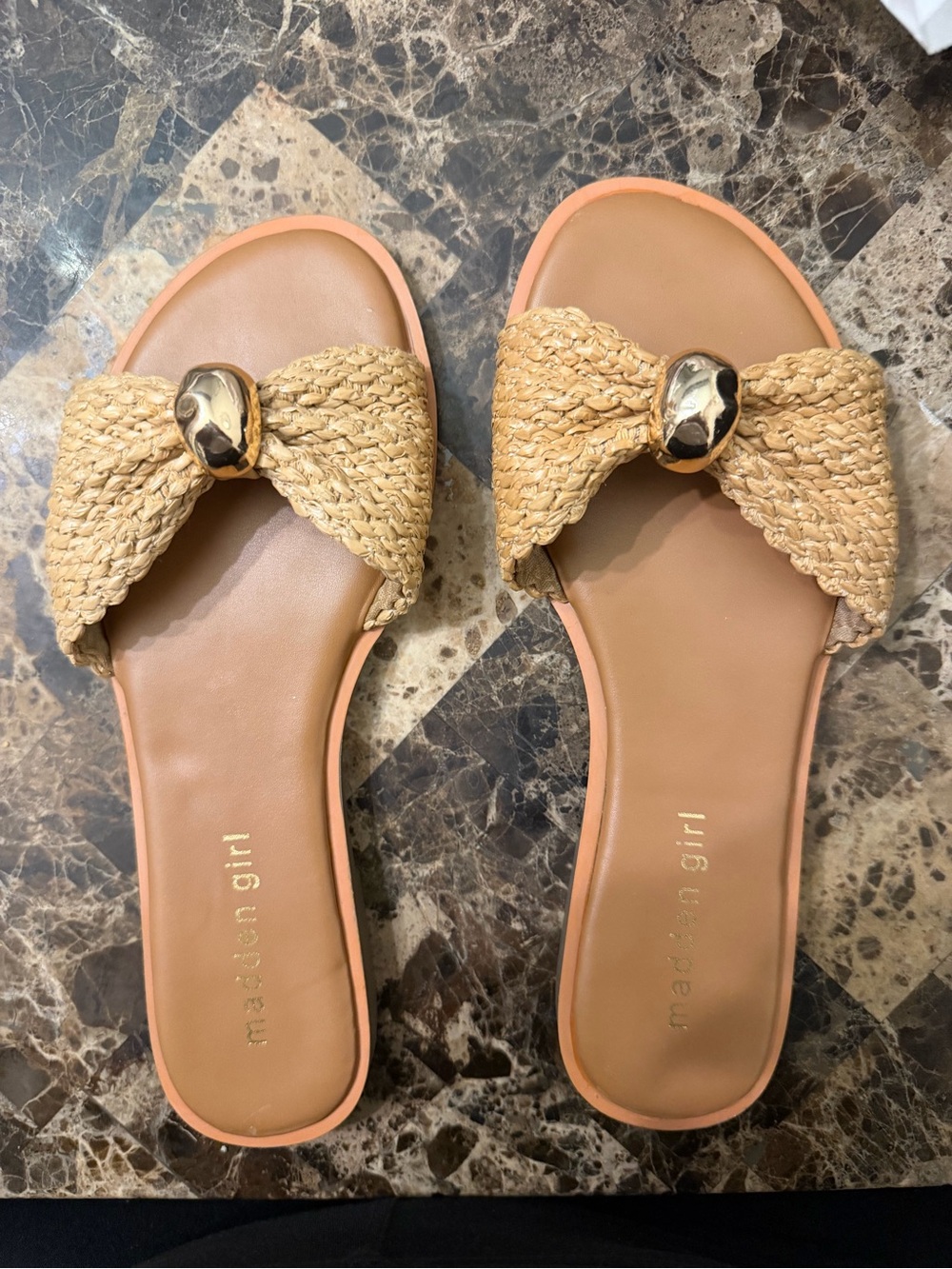 Madden Girl Tan Woven Bow Slide Sandals with Gold Accent